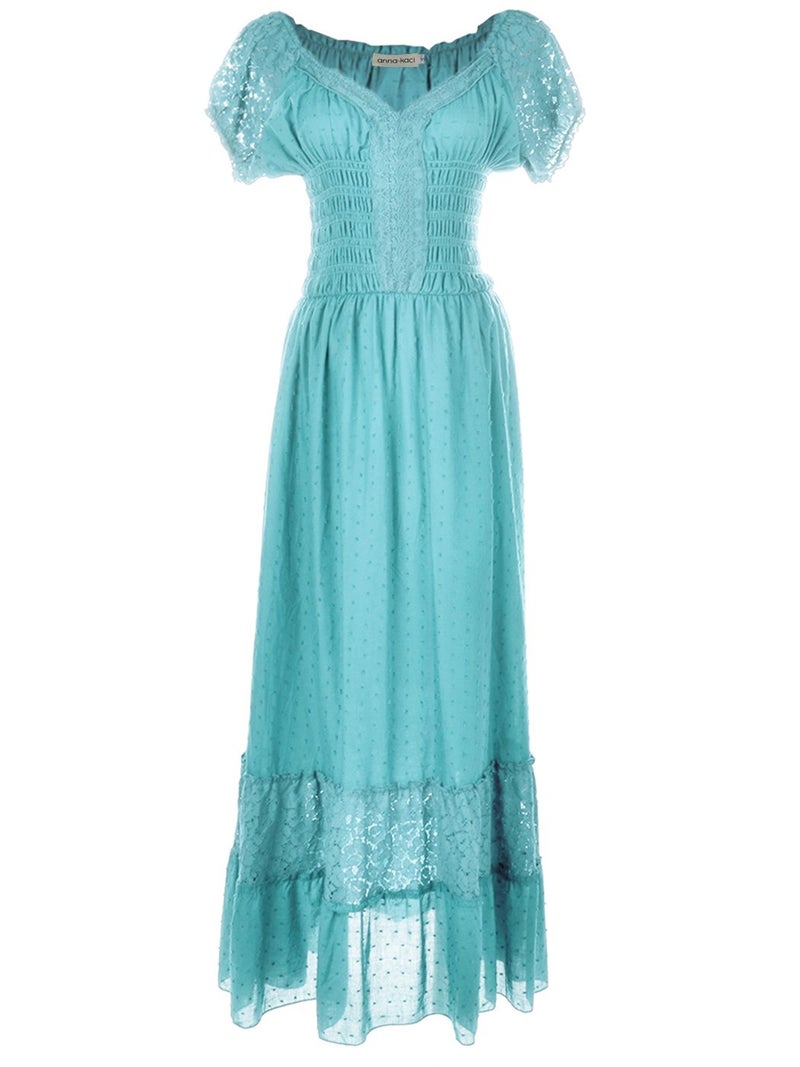 Anna-Kaci Peasant Maiden Boho Inspired Cap Sleeve Lace Trim Maxi Dress, Light Blue, Medium - Image 1